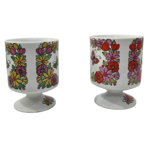 Vintage 1960s-70s Pedestal Mugs – Pair – Retro Butterfly & Floral Design - Picture 2 of 15